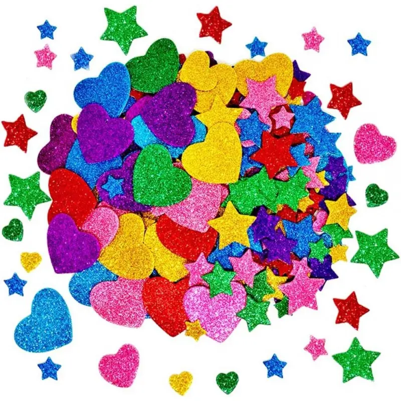 260 Pieces Colorful Glitter Foam Stickers Self Adhesive Stars Mini Heart Shapes Glitter Stickers, Arts Craft Supplies for Greeting Cards Home Decoration Stars&Heart Shapes