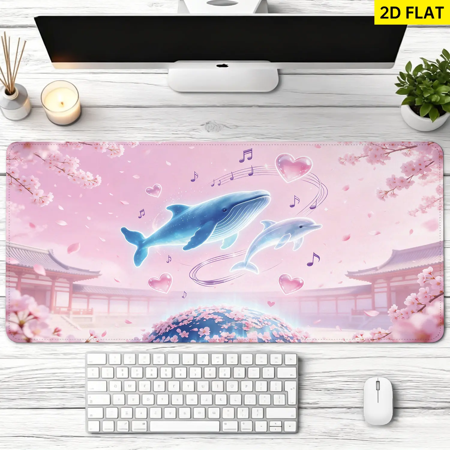 Extra Large Cherry Blossom Whale and Dolphin Fantasy Art Mouse Pad, Non-Slip Rubber Base, Multi-Size, Lock Edge, Washable, Precision Mat for Gamers, Computer Desk Work, Desktop Protection & Decoration Gift