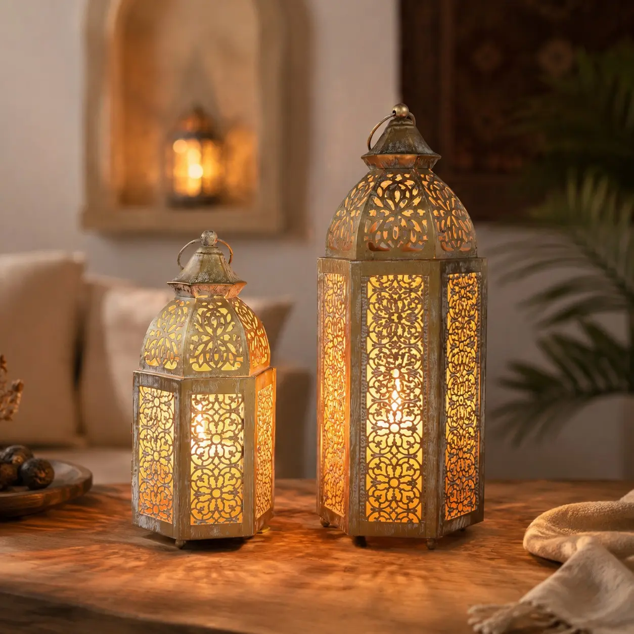 Moroccan Iron Lantern Candle Holder, Vintage Ramadan Decor, Windproof Shadow Projection, Home Desk Wedding Festival Ornament, No Wax Included