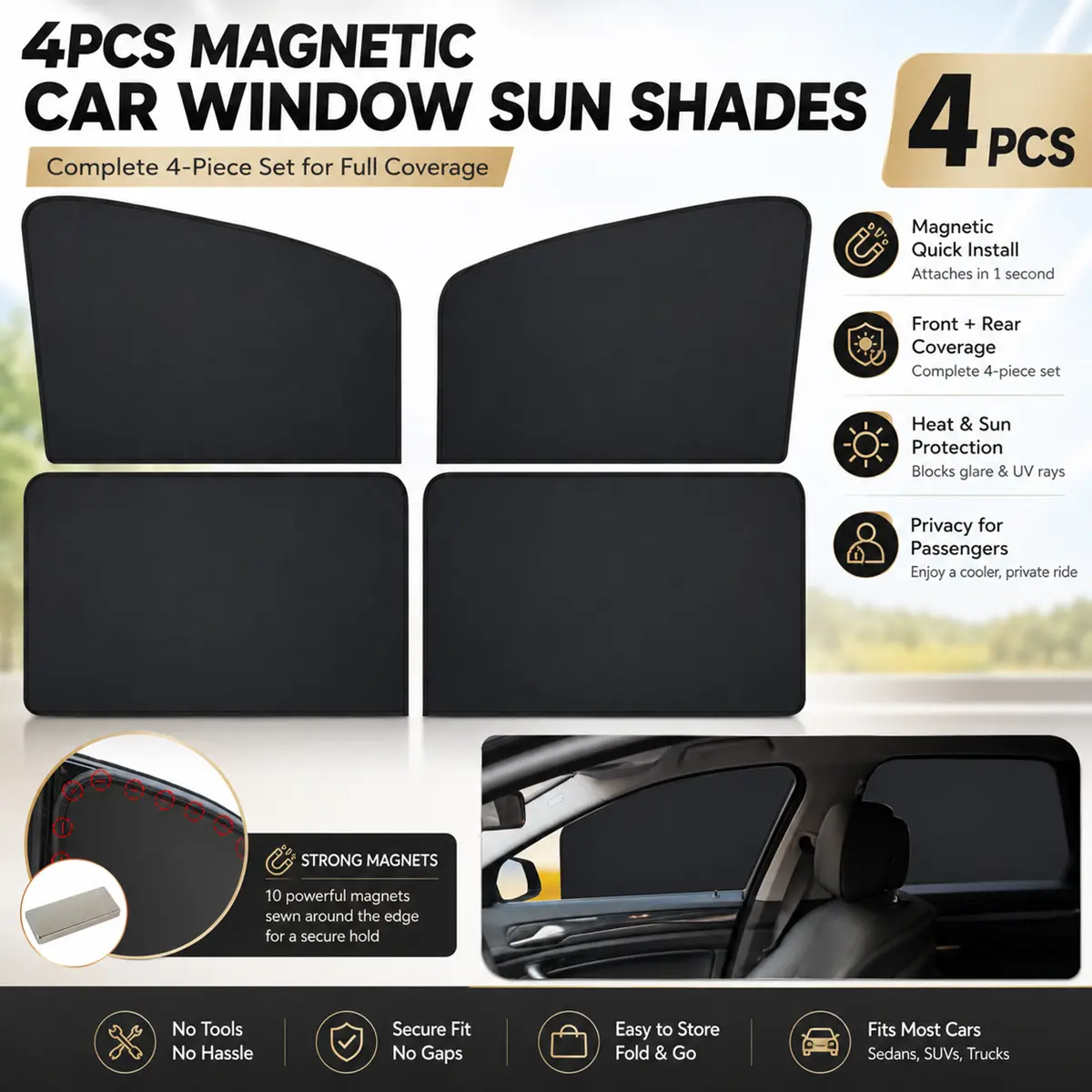 4PCS Magnetic Car Side Window Sun Shades, Black/Silver Privacy Curtains, 2 Front Curved + 2 Rear Rectangular UV Heat Blockers, Foldable Breathable Window Covers for Sedan SUV Truck Family Travel, Camping, Road Trips & Summer Driving