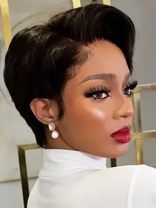 Transparent Lace Front Pixie Cut Wig, Human Hair Short Bob Style for Women, 6 Inches, No Ca Prop 65 Re