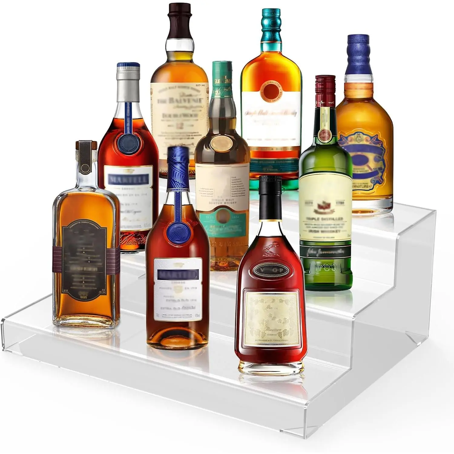3 Tier Liquor Bottle Display Shelf, 16" Clear Acrylic Bar Shelves | No Assembly Required, 4" Wider Layer Holds 4 Bottles, Countertop Organizer for Alcohol Wine, Coffee Syrup & Collectible
