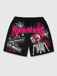 Flame Skeleton Skeleton Black Men's Shorts San Francisco Los Angeles Location Spiderweb Shorts Drawstring Dark Trendy Brand Shorts Women's Hip-Hop Rock Y2K Summer Shorts Streetwear