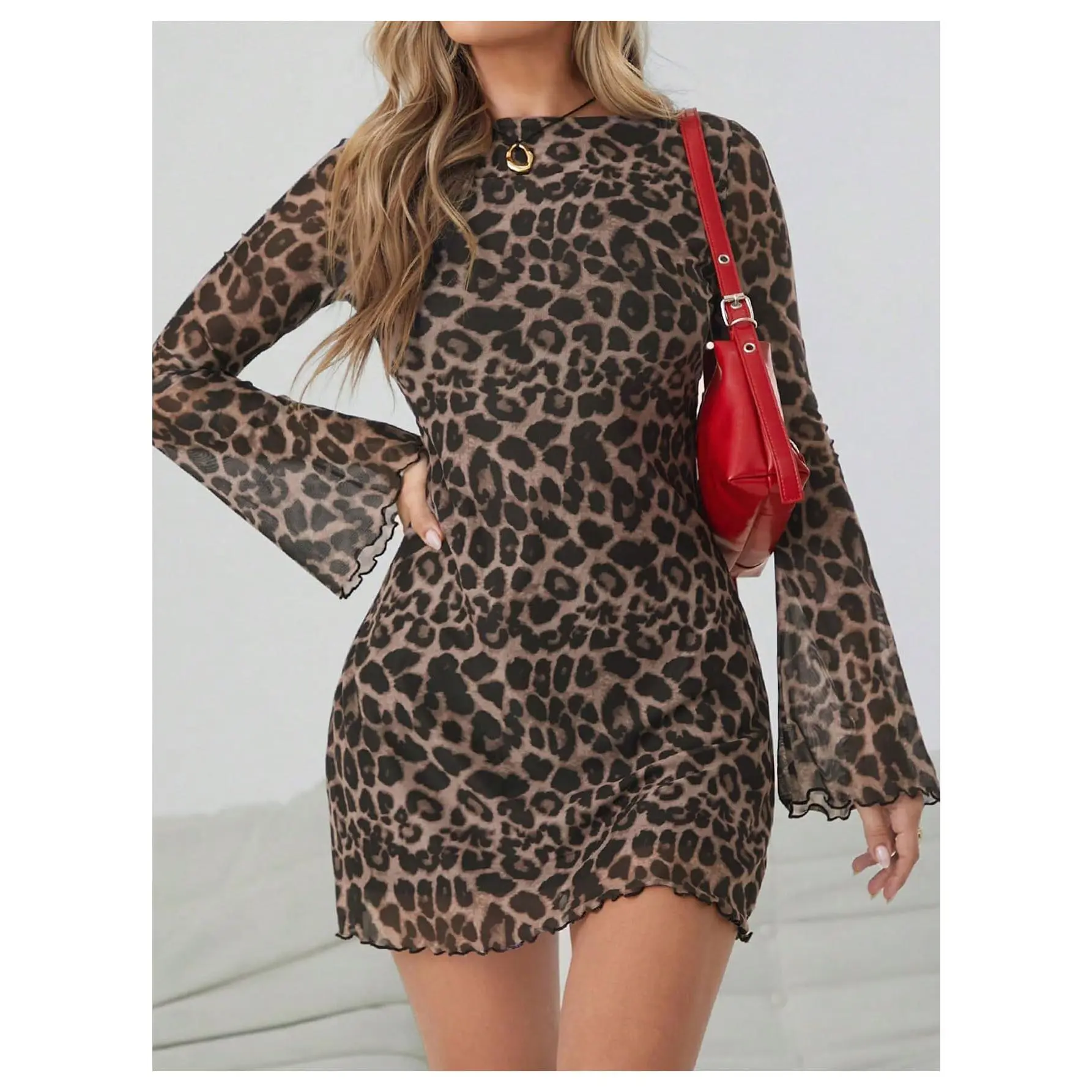 Leopard Print Mini Dress Y2k Bell Long Sleeve Cheetah Short Dresses Going Out Party Clubbing Outfits
