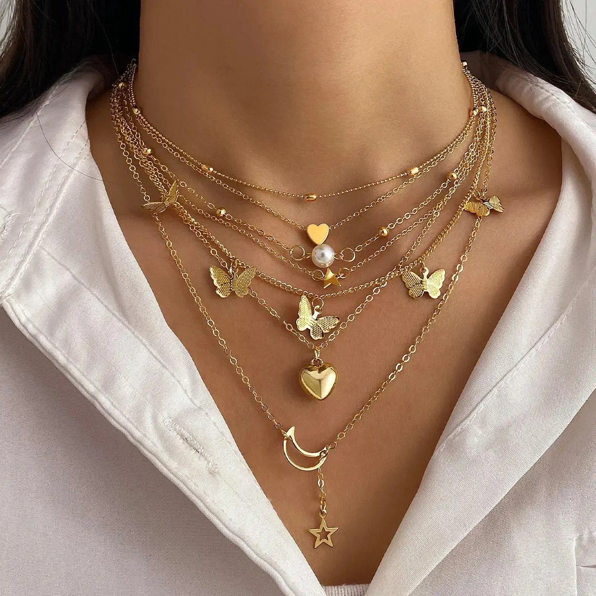 Female 2026 Layered Gold Metal Charm Necklaces Set - Aesthetic Stackable Choker, Multi-Pendant with Butterfly, Heart, Pearl, Star, Resort Summer Beach Party Gift