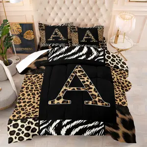 Leopard Zebra Patchwork Letter A Print Comforter Set-1 Quilt and 1-2 Coreless Pillowcases-Jungle Animal Skin Spliced Monogram Initial with Black Background-Comfortable Fabric-Luxury Glam Bedroom Decor or Gift for Leopard Print Fashion Fans