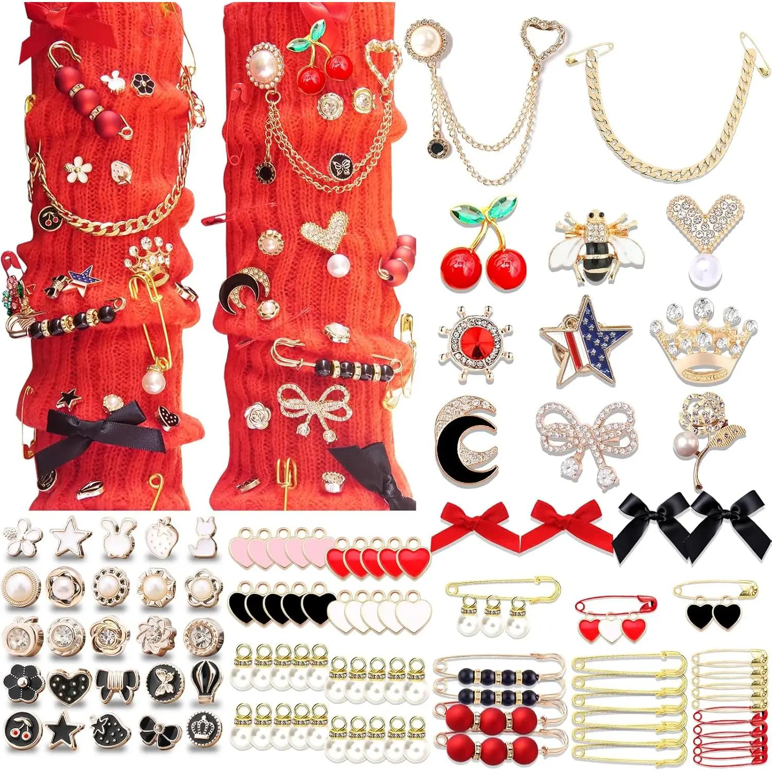 100 count Junk Sock Charms Kit, Rhinestone Charm and Pin for Women | Shoe Charms for Sneakers, Shoe Hat DIY Kit with Chains
