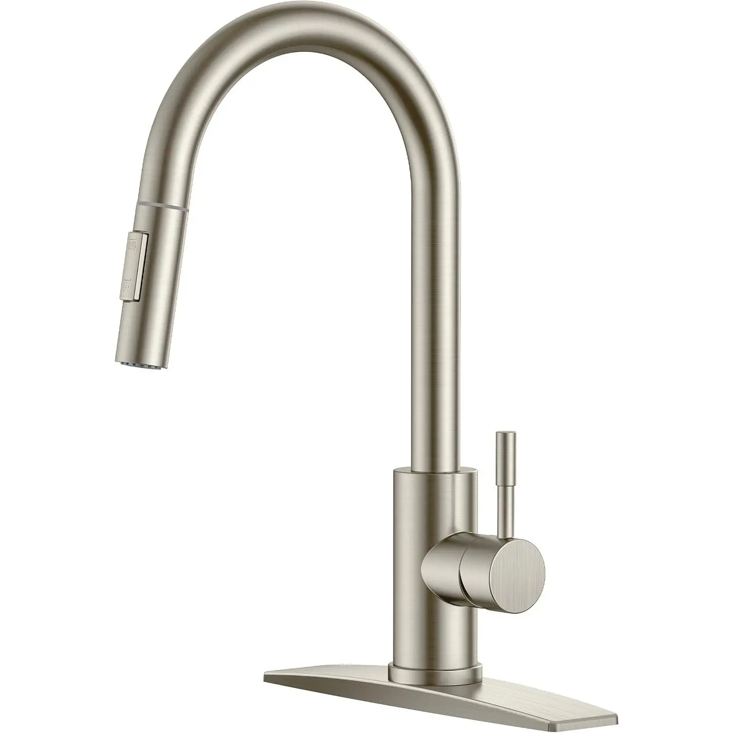 FORIOUS Stainless Steel Kitchen Faucet with Pull-Down Sprayer, Brushed Nickel High Arc Neck Gooseneck Shape Sink Faucet with Deck Plate, Fits 1 or 3 Holes, Ideal for Farmhouse, Laundry Sinks