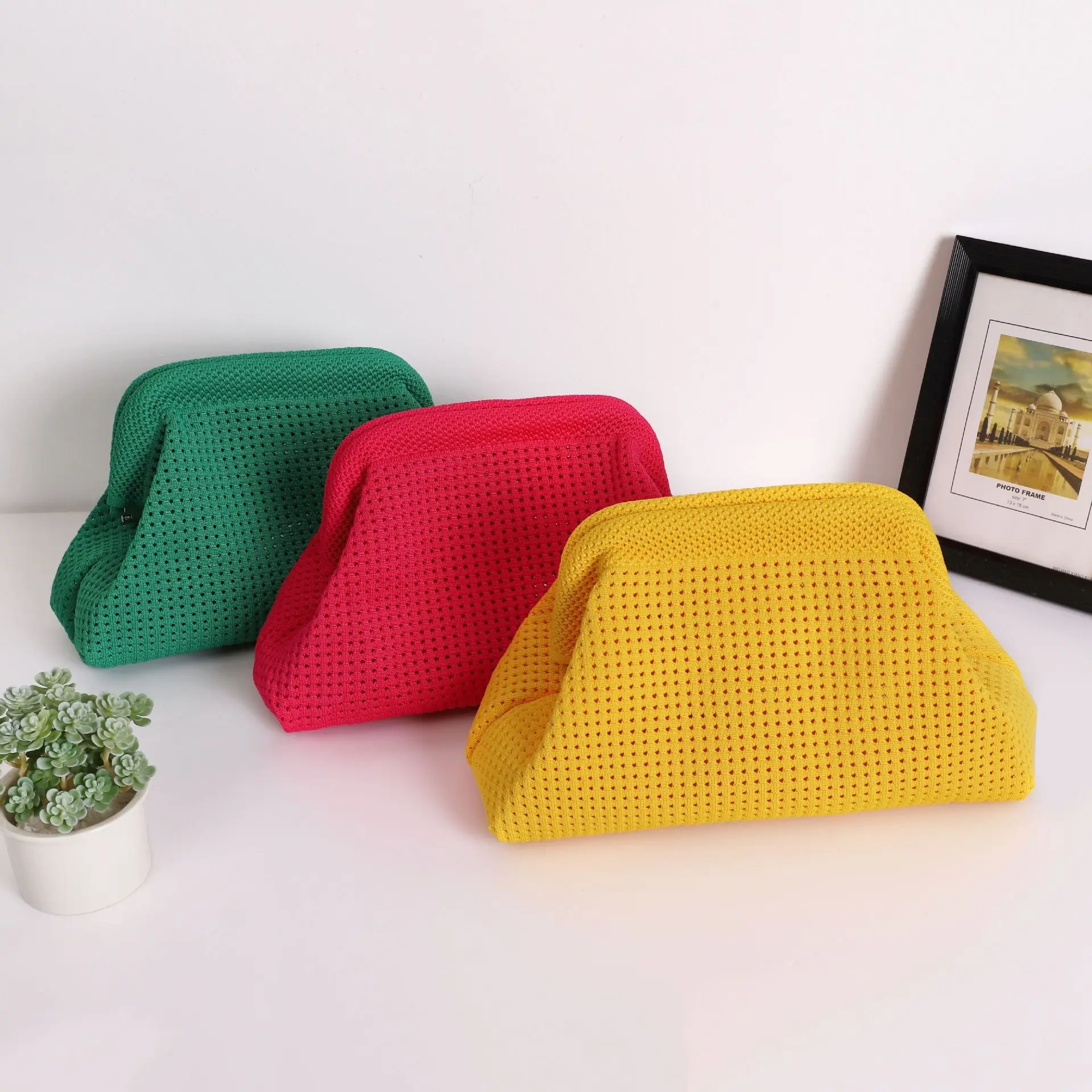 Women’s Crochet Clutch Bag – Lightweight Woven Cloud & Dumpling Design Ruched Knitted Fashion Purse,