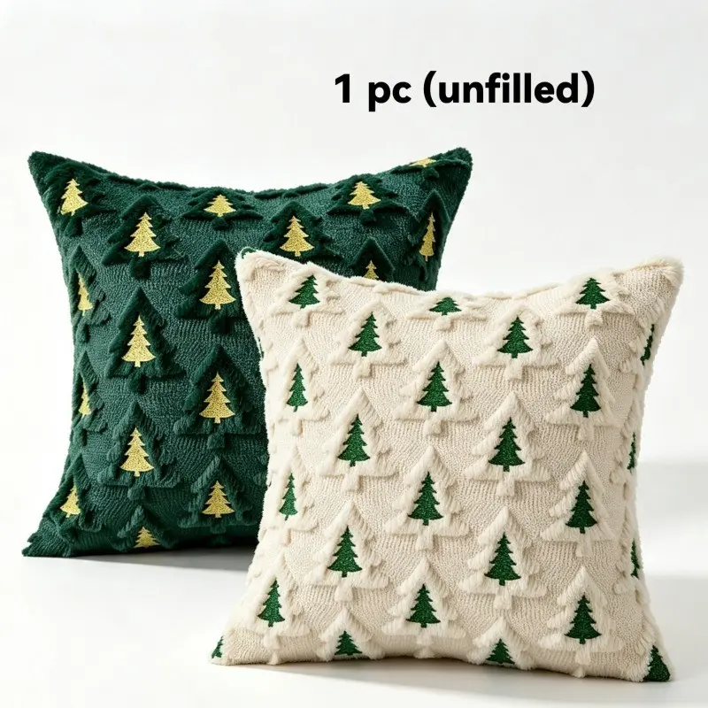 1Pc Christmas Tree Cushion Case Pillow Cover Unfilled Cozy Farmhouse Holiday Nordic Aesthetic Two Tone Green Gold Tree Embroidery Soft Knit Fabric Cream Green Home Couch Sofa Decor Christmas