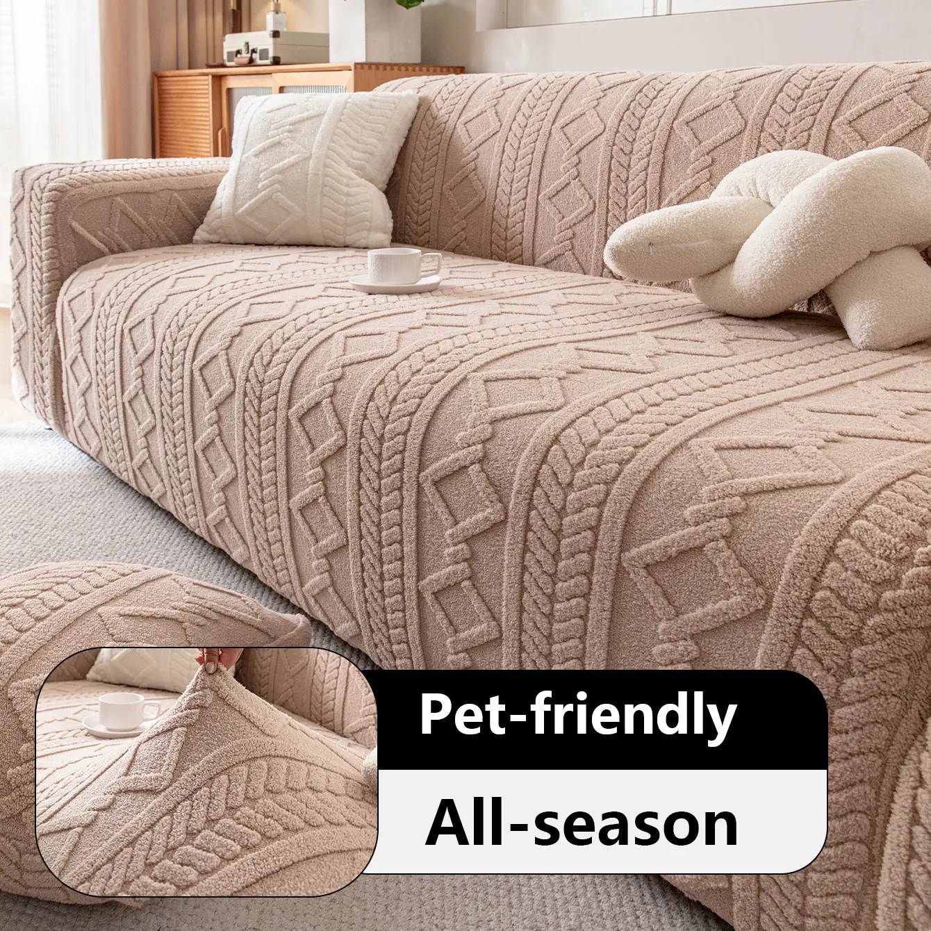 Plush Removable Sofa Cover Protector, Durable & Soft Fabric, Ideal for Living Room & Bedroom Use, All-Season Comfort