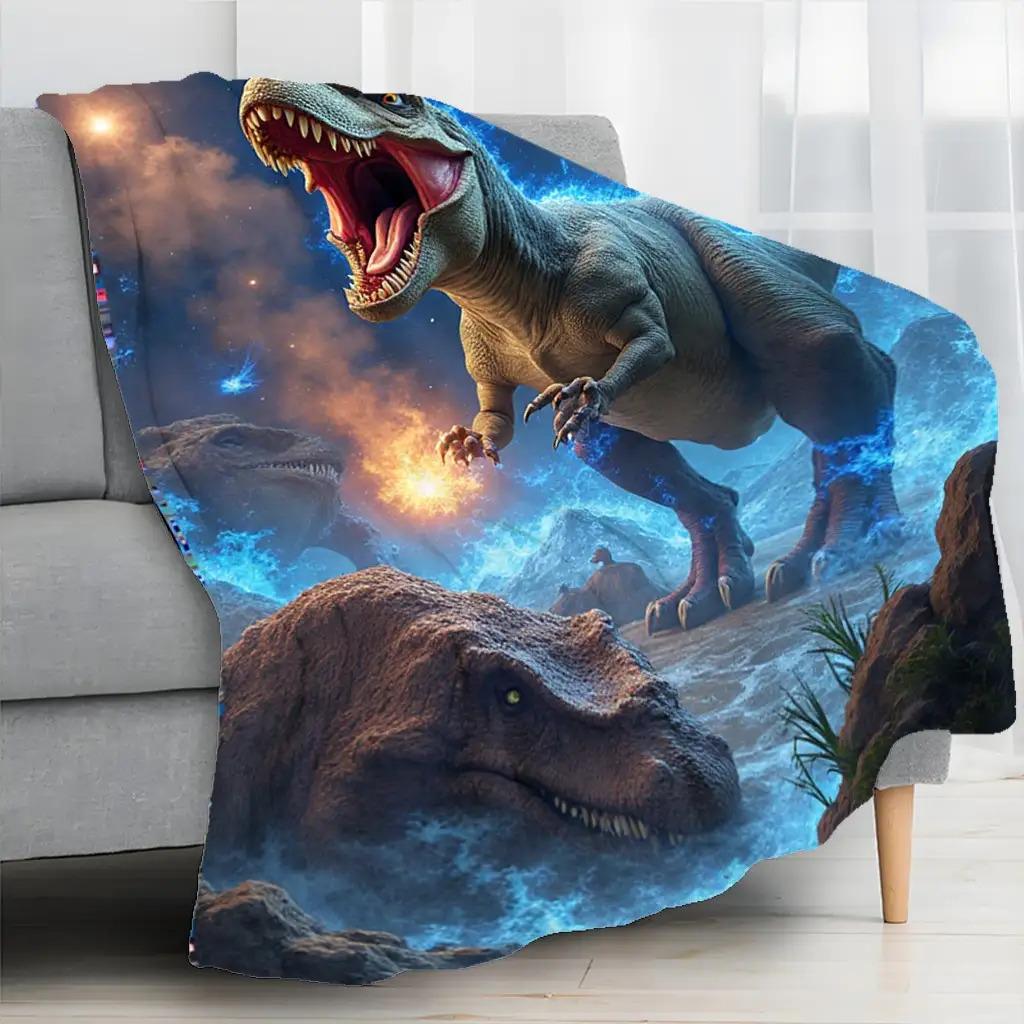 1pc Cozy 3D Dinosaur & T-Rex Blue Flame Print Blanket - Soft Flannel Fabric, Lightweight Warm Throw with T-Rex, Stegosaurus & Pterodactyls-like Dinosaurs for Bed, Sofa, Travel - Room Decor, Camping Gift & Adults, Throw Blanket, Blankets And Throws, Blanke