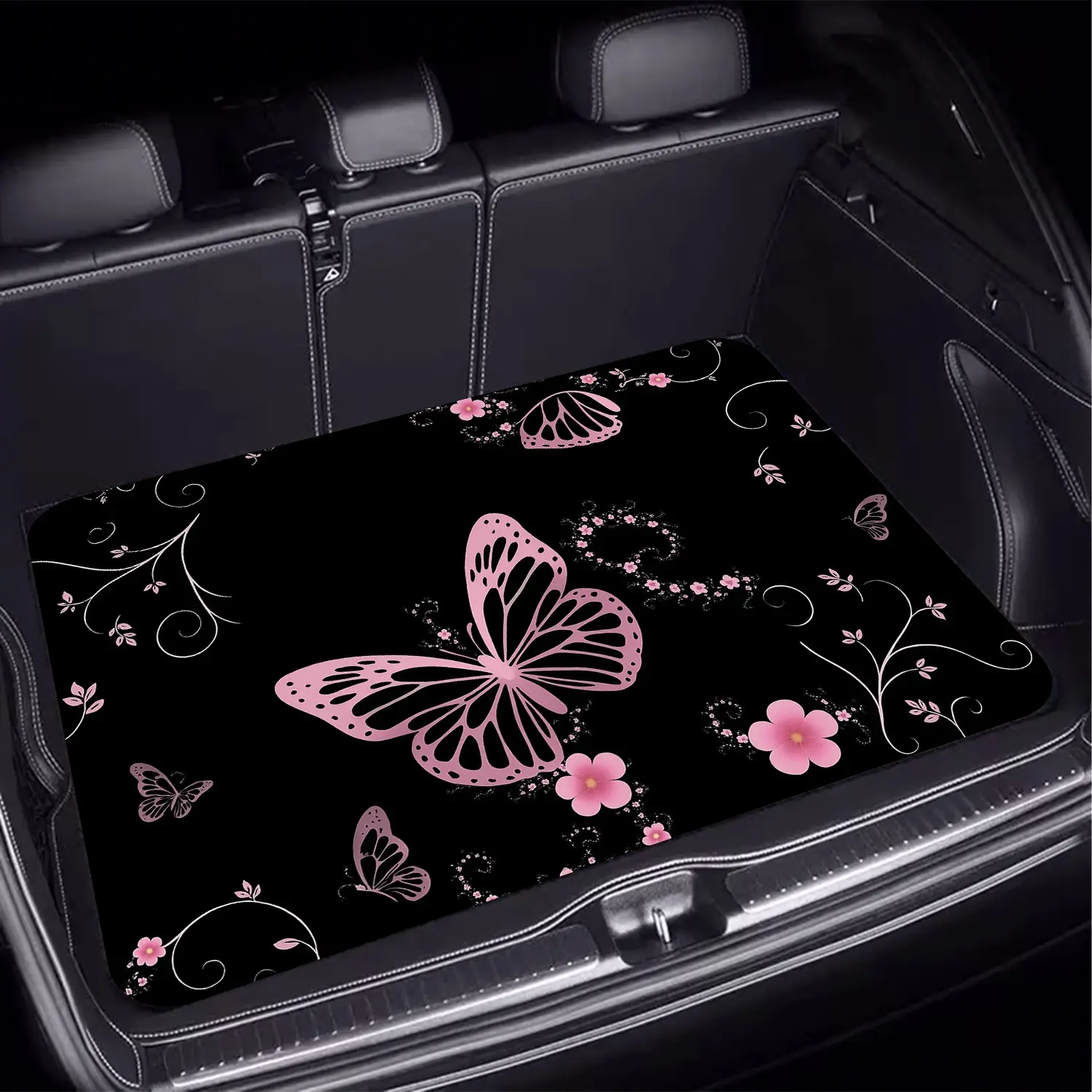 A Background Pattern Featuring a Pink Butterfly And Flowers - Polyester Fiber Trunk Mat, Car Mats, Girly car accessories, Car Interior Accessories Girls, Compatible with Various Car Models, Enhances Vehicle Interior Decor
