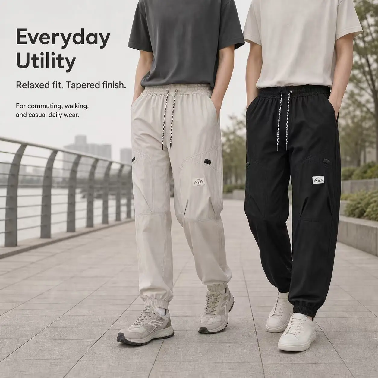 Men's Light Beige Cargo Jogger Pants, Elastic Waist Drawstring Utility Pants with Multi Pocket Detail, Relaxed Tapered Streetwear Pants for Men, Casual Travel Joggers, Outdoor Daily Wear Trousers, Hip Hop, Minimalist Y2K Streetwear Fashion Outfit Set