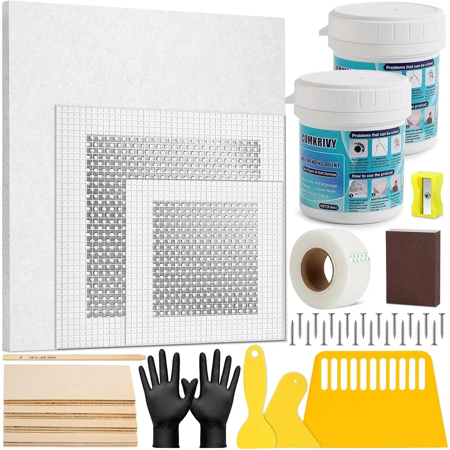 Drywall Repair Kit with 12"x12" Dry Wall Repair Panel, 33-in- Drywall Patch Kit Wall Patch Repair Kit with Spackle, Mesh Tape, Putty  & Sanding Block for Wall Surface Ceiling Large Hole Fill
