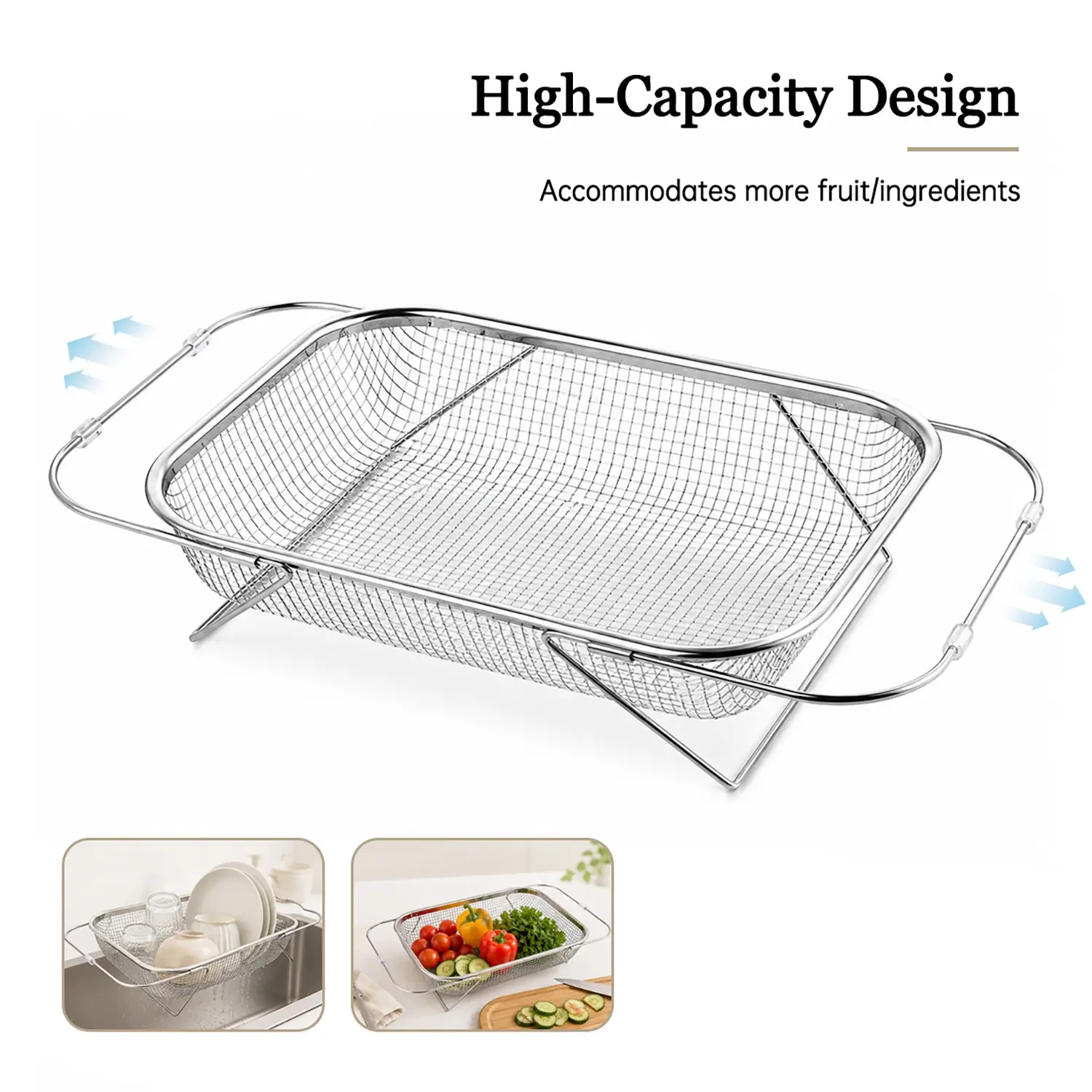 Stainless Steel Expandable Sink Colander, Vegetable Colander, High Capacity Retractable Strainer Basket, Non-Slip Handle, Kitchen Organizational Essential