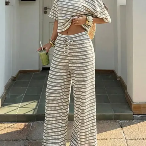 Women's Striped Oversize Loose-Fit Short Sleeve Top & Drawstring Adjustable Wide-Leg Pants, Casual Two-Piece Set, Summer Matching Sets, Comfortable and Versatile Outfit