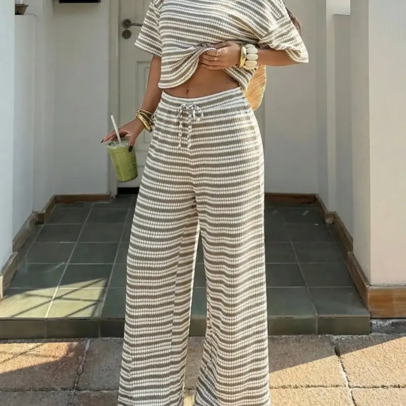 Women's Striped Oversize Loose-Fit Short Sleeve Top & Drawstring Adjustable Wide-Leg Pants, Casual Two-Piece Set, Summer Matching Sets, Comfortable and Versatile Outfit