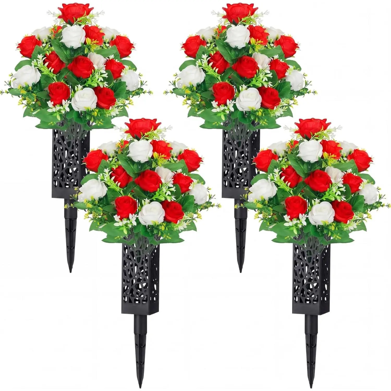 Suncalla 4 Sets Artificial Cemetery Flowers with Vase for Grave Memorial Day Flowers 48 Heads Red and White Rose Bouquets Graveyard Memorial Flower for Father's Day Cemetery Headstones Decorations