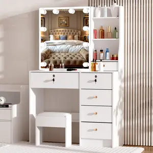 Dressing Table Set Makeup Vanity Desk With Stool & LED Lights & Sliding Mirror Dressing Table Set Makeup Vanity Desk With Stool & LED Lights & Sliding Mirror