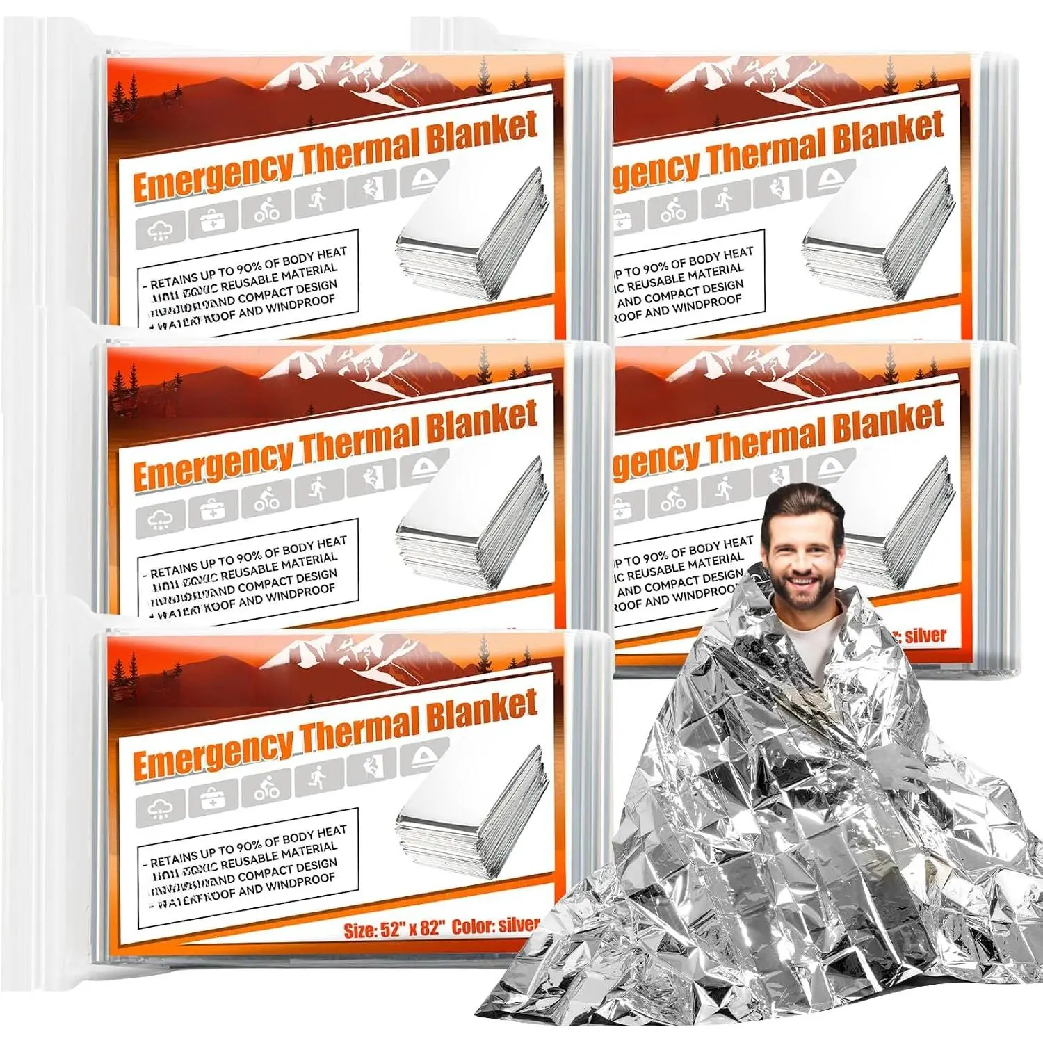 5-Pack  Mylar Blankets, Thermal Space Blankets