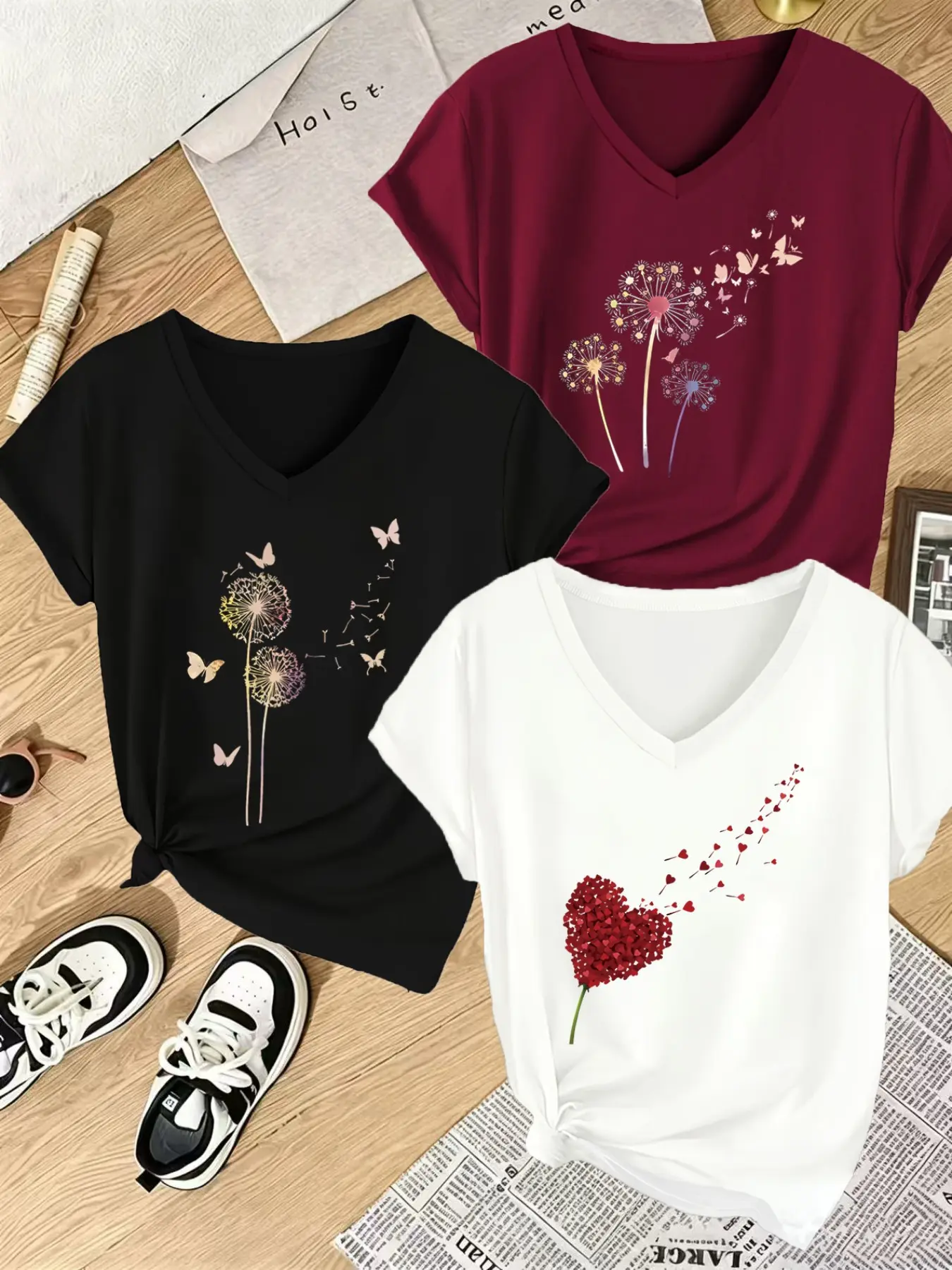 European Women's V-Neck T-Shirt Set, Dandelion Heart Print Short Sleeve, Casual Sporty Top, Soft Breathable Fabric
