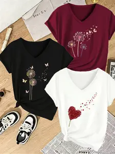 European Women's V-Neck T-Shirt Set, Dandelion Heart Print Short Sleeve, Casual Sporty Top, Soft Breathable Fabric