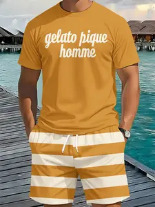 Two-piece set with turmeric English stripe 3D digital print, 2Pcs, trendy fashion suit, trendy vintage casual two-piece outfit, trendy vacation-style wear, breathable sport casual style, an ideal festive gift for men