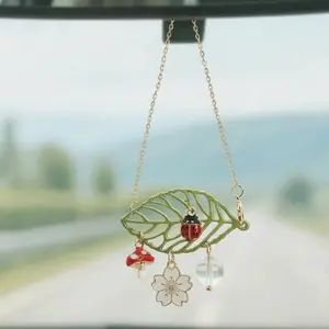 Casona Car Hanging Decor, Lucky Rearview Mirror Charm, Handmade Ladybug Mushroom Daisy Leaf Bohemian Natural Style Ornament, Women and Teen Gifts