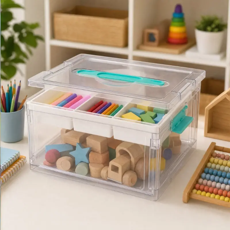 Toy and stationery storage box, multi-layer adjustable with lid, removable trays and dividers, suitable for arts and crafts, sensory toys, slime, waterproof and dustproof
