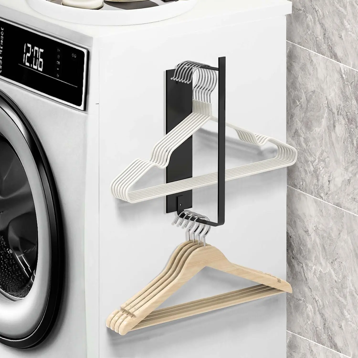 Hanger Holder for Laundry Room, Space-Saving Hanger Organizer for Washing Machine Dryer, Holding up to 40  Wire Plastic Hangers (1, Black)