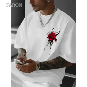 Men’s Oversized Black Graphic T Shirt Abstract White Splash Graffiti Red Rose Front Chest Print Soft Cotton Loose Fit Streetwear Casual Short Sleeve Tee For Men