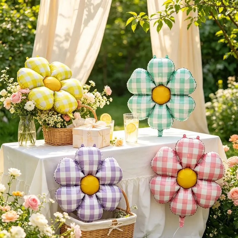 4pcs Mixed Color Daisy Aluminum Foil Balloons, Colored Grid Flower Polyester Film Balloons, Birthday Party Decorations, Wedding Background