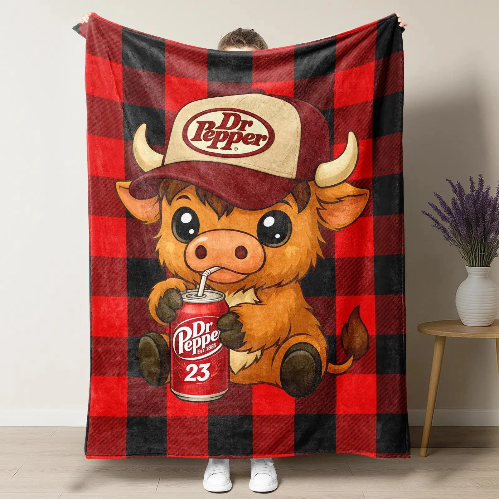 Cooling Blanket Highland Cow Wear a Hat Cute Pattern Dr Pepper Flannel Blankets - Red and Black Checkered Soft Warming Bedding Blanket | Affordable Home Goods, Comfy Lightweight Bedding, 1 Count