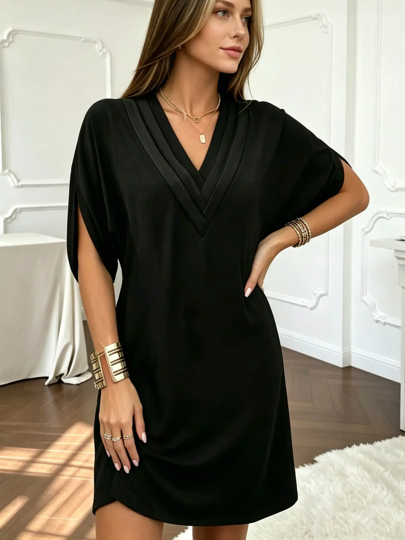 A women's fashionable and casual solid color dress with V-neck pleated bat sleeves, suitable for summer, beach parties, dates, and casual shopping Batwing Casual Wear