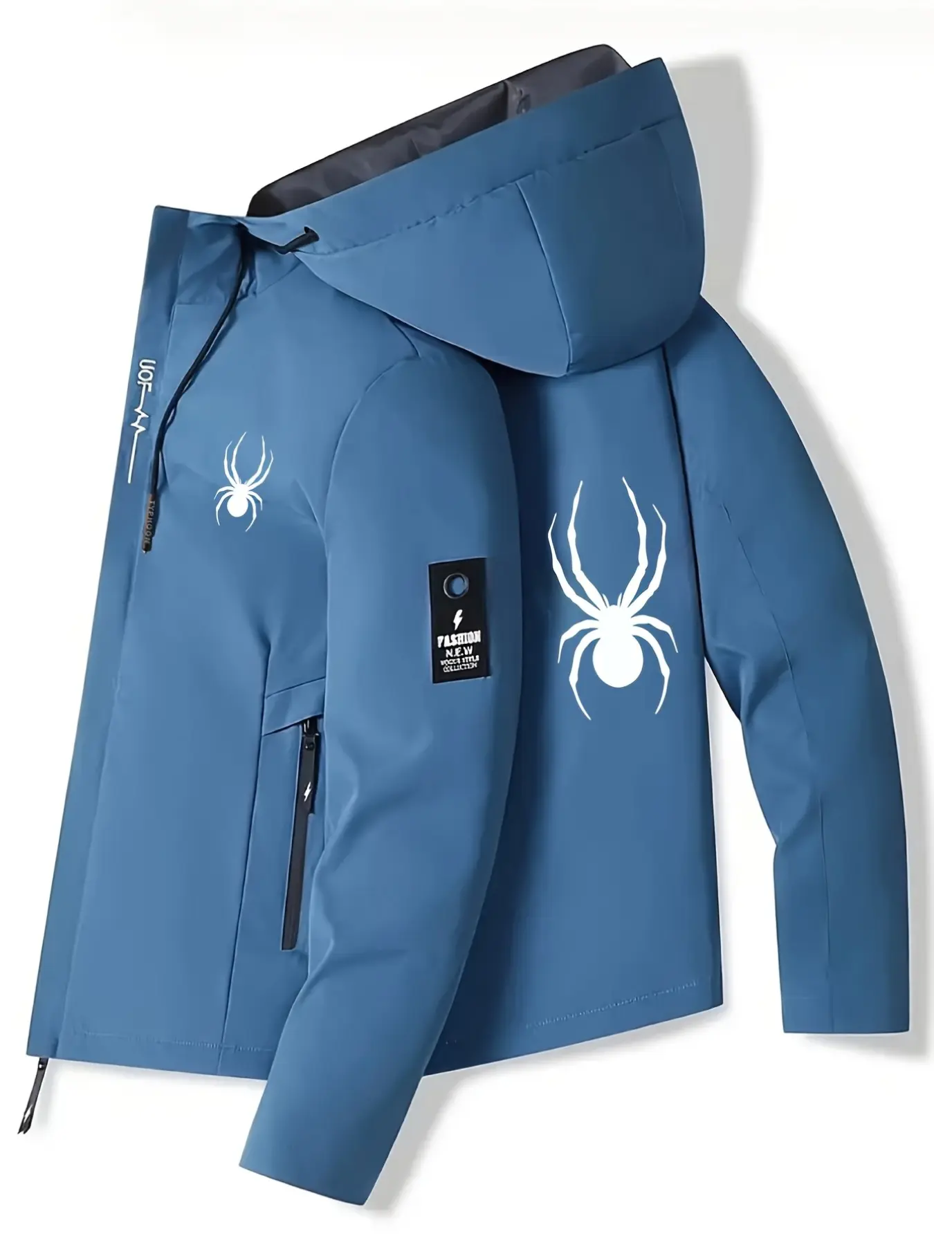 Men's Spider Print Hooded Windbreaker Jacket, Lightweight Full Zip Outerwear, Polyester Lining, Slim Fit, Casual Riding Gear