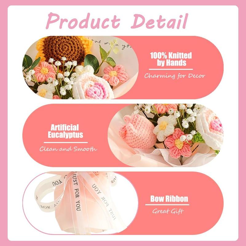 Crochet Flower Sunflower & Rose Bouquet Handmade Artificial Flower Knitted Bouquet for Festival Wedding Graduation Anniversary (Pink)