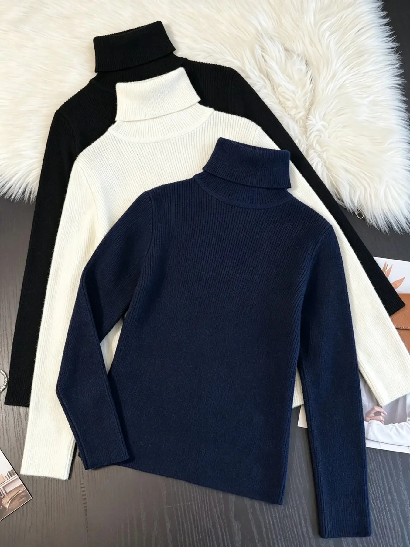 Women's Solid Turtle Neck Sweater, Casual Long Sleeve Jumper for Fall & Winter, Women's Knitwear for Daily Wear, Fitted Knitwear Sweater