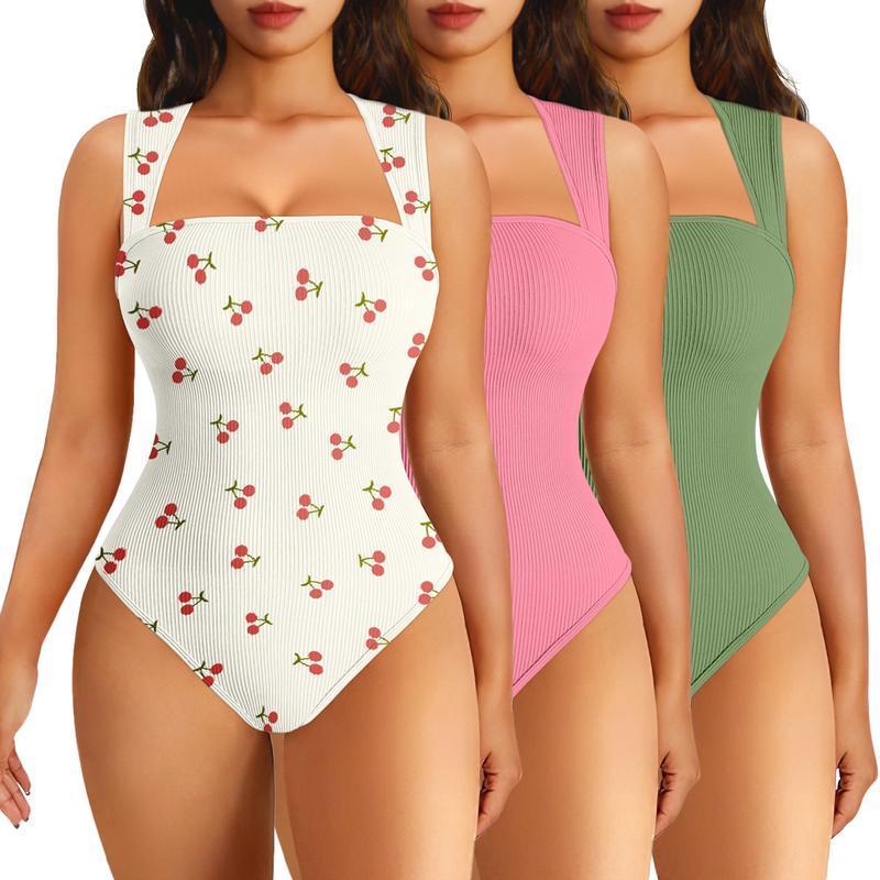 Vista X fitness Women's 3-Piece Printed Bodysuit Set Ribbed Square Neck Sleeveless Stretchy Top Nylon Spandex Casual Chic Elegant Comfortable