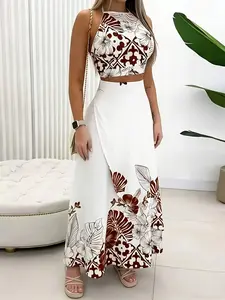 Women's Ink Tropical Floral Print Halter Cami Top & Midi Skirt Set, Elegant Sexy Boho Casual, Beach Vacation Travel Photoshoot Daily Wear