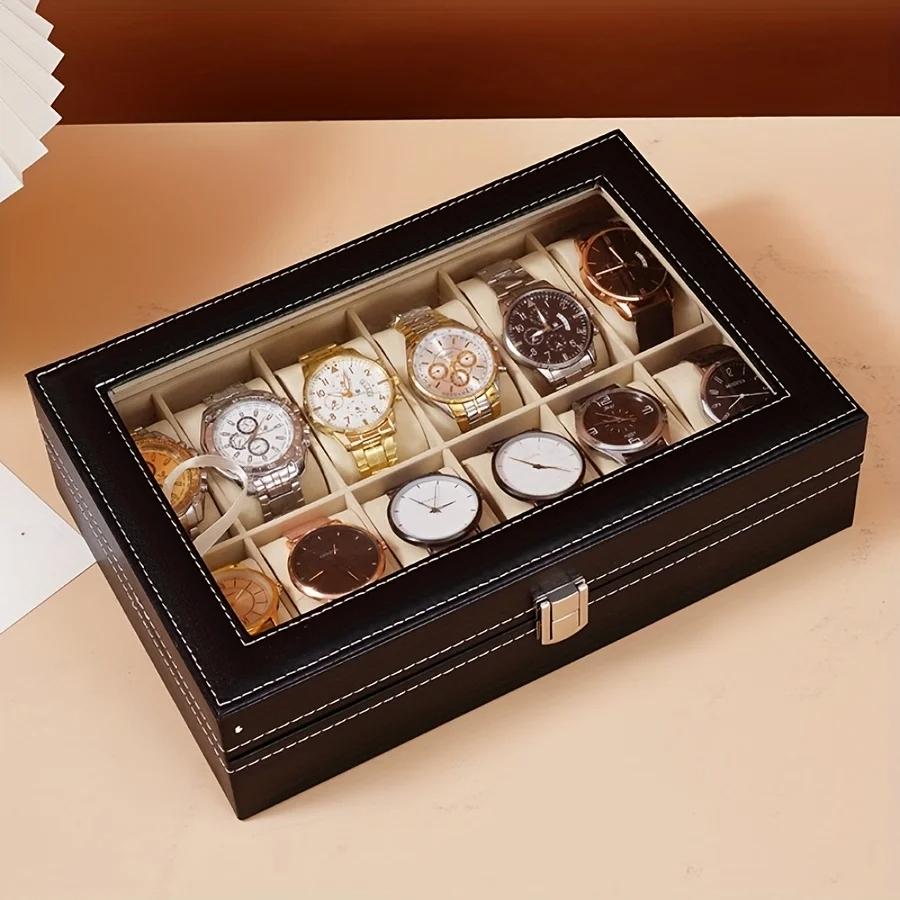 Multi-Slot Watch Display Case Organizer Box, Lockable PU Leather Storage Holder for Men & Women Watches, Durable & Stylish Design
