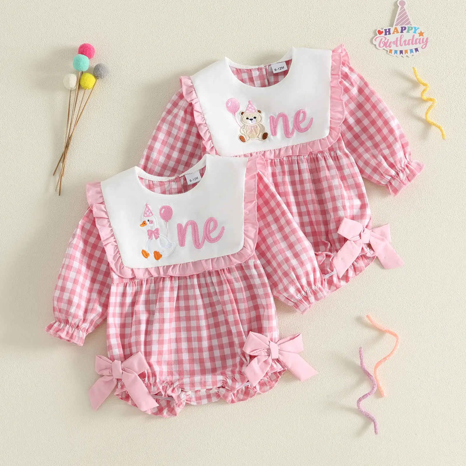 Babamoon Newborn Infant Baby Girl One Birthday Romper Long Sleeve Balloon Goose Embroidery Onesie Bodysuit