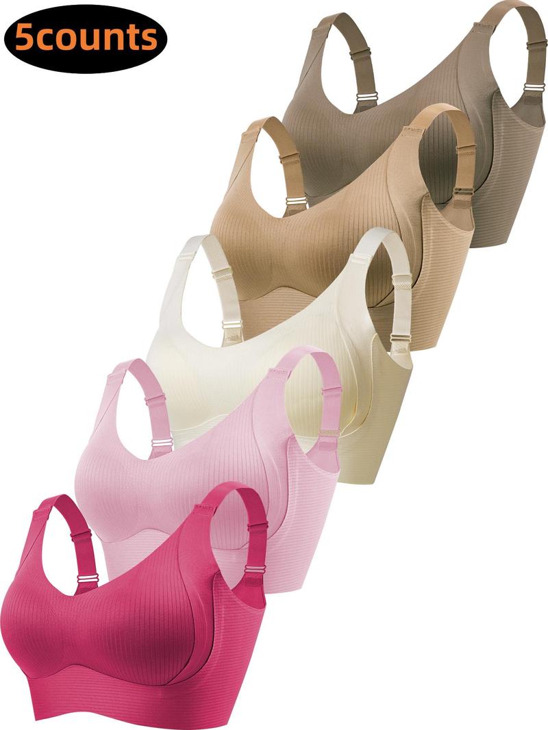 5/6Pack Solid Color Push Up Wireless Bra, Comfortable Breathable Lingerie For Everyday Wear