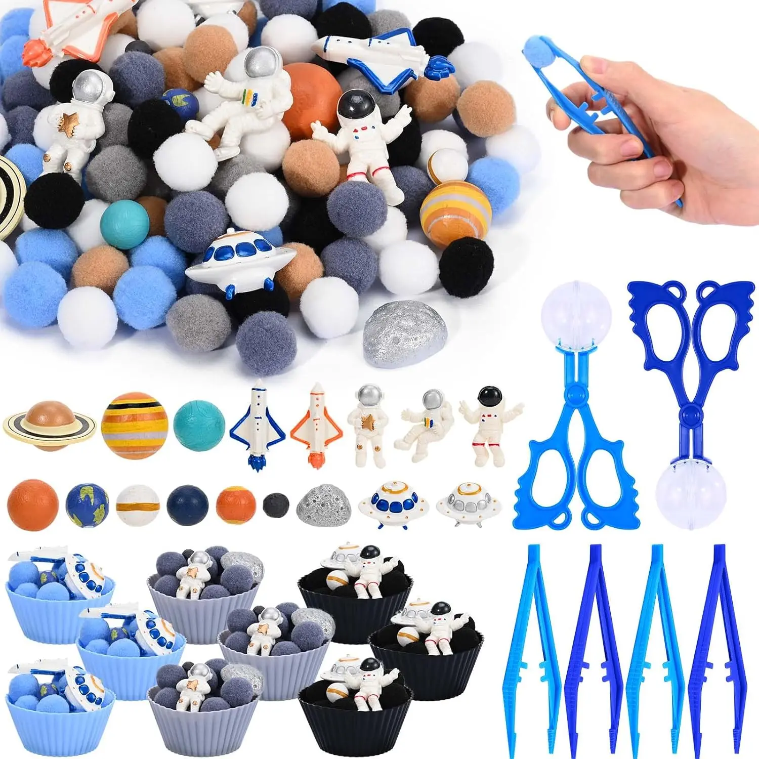 152 Pcs Space Sensory Bin Fillers Outer Space Fine Motor Skills Astronauts Sensory Bin Item Pompoms Cups Tweezers Scissor Clips for Preschool Education Activities Sorting Counting(Space)fidget toys