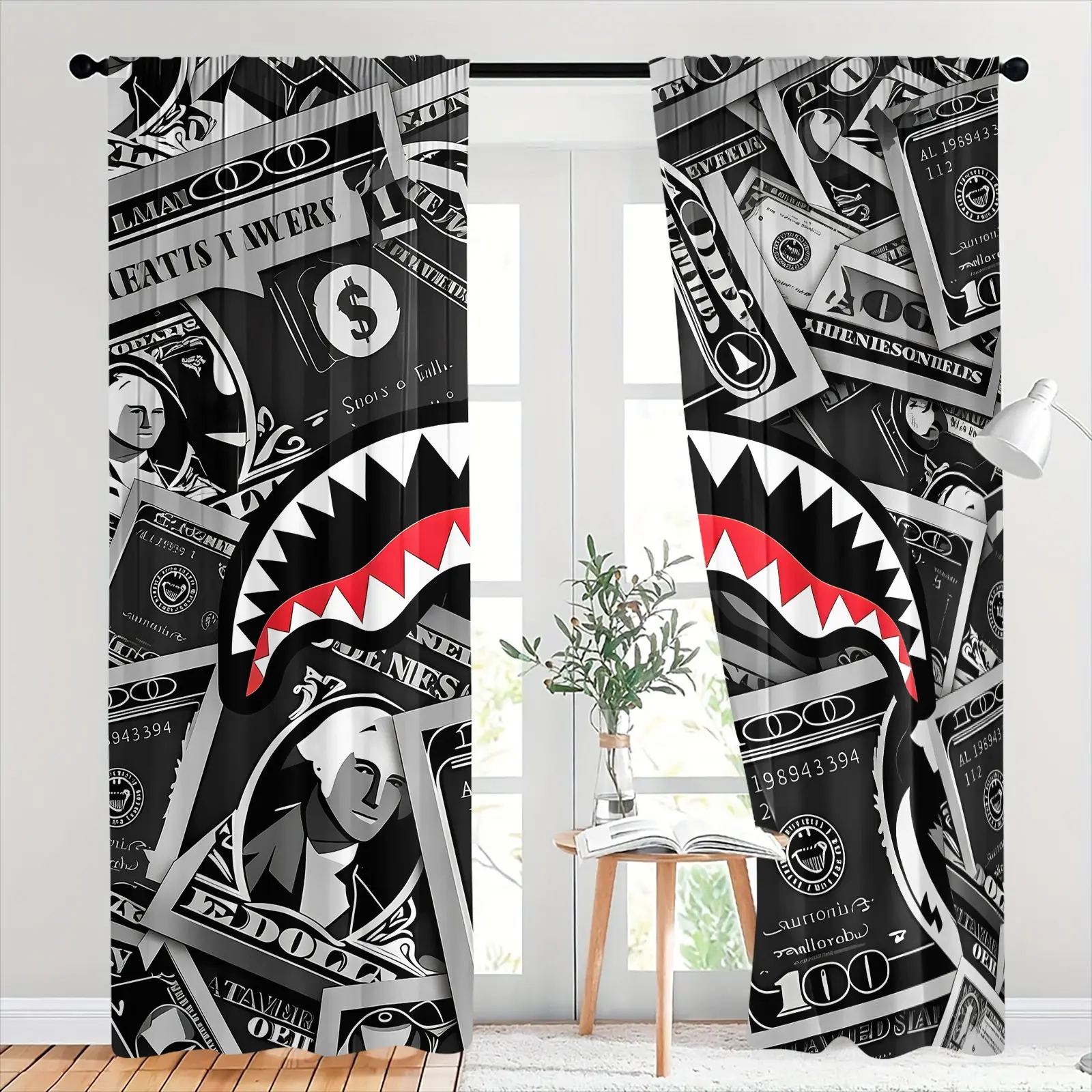 Lightweight Semi-Sheer Light Filtering Curtain Panels, Non-Blackout Black Dollar Shark Mouth Design, Privacy Protection Drapes with Soft Diffused Light, Brushed Flannel Rod Pocket Curtains for Living Room, Teens Dorm, Small Window Decor