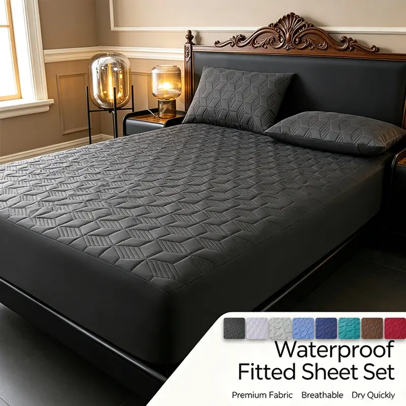 Geometric Quilted Waterproof Premium Fabric Fitted Sheet Set 3-Piece Bedding Kit Includes 1 Fitted Sheet & 2 Pillowcases for Bedroom Dorm Autumn Winter Back-to-School