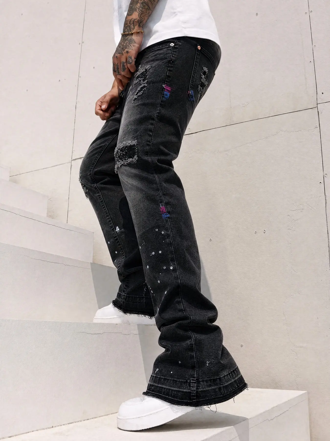 Vintage Washed Charcoal Ripped Wide Leg Jeans, Unisex Streetwear, All-Season Cotton Blend, Perfect for Parties and Casual Wear