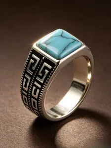 Vintage Oxidized Silver Stainless Steel Men Square Turquoise Signet Ring, Geometric Greek Key Engraved Wide Band, Cracked Turquoise Inlay, Hypoallergenic Tarnish Resistant Western Ethnic Retro Statement Jewelry Gift For Guys