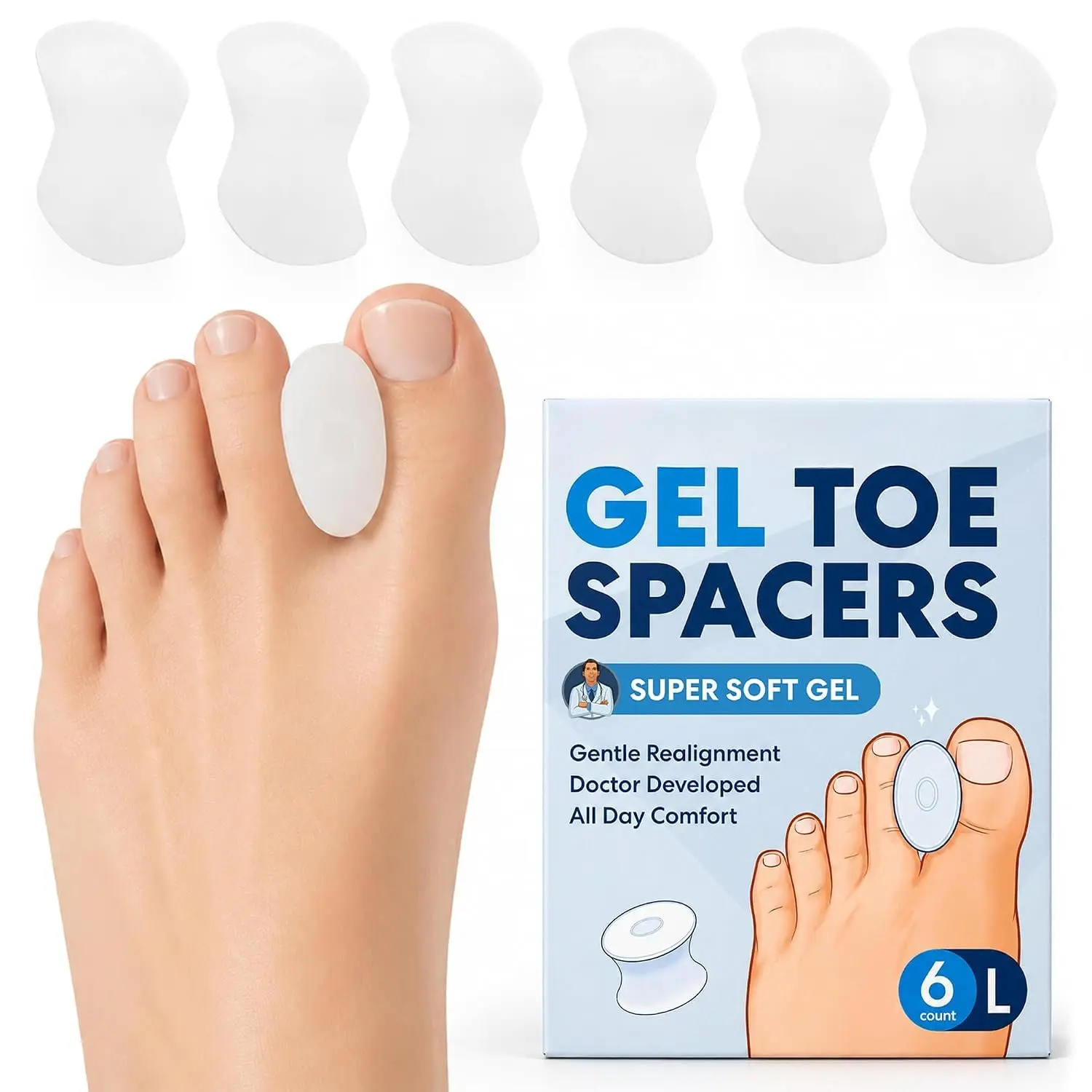 Frederick’s  Gel  Separators - 6 ct - Soft Bunion Spacers for Overlapping , Gentle Alignment & Foot  -  Cushion Spacers for Women & Men - Washable &  - Large