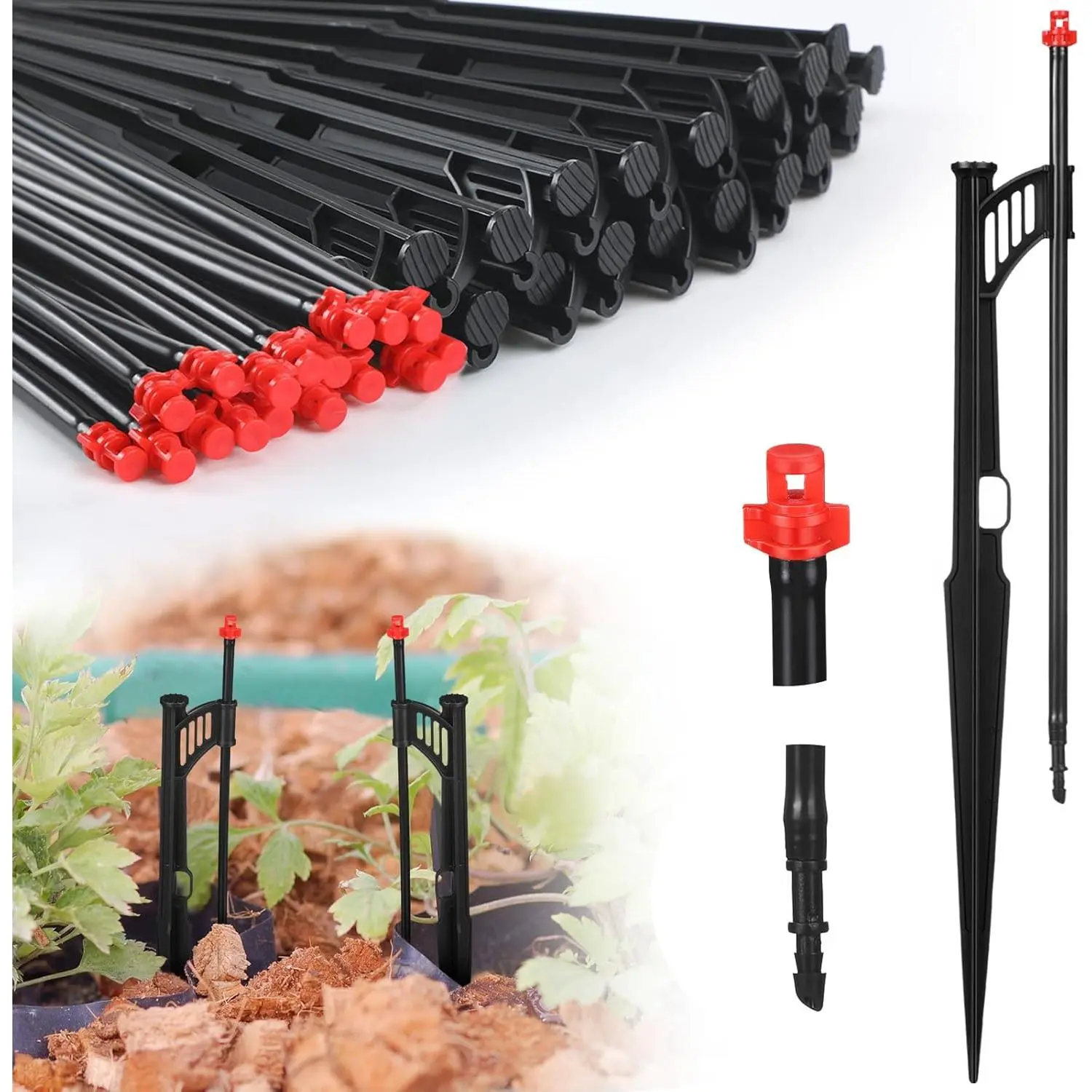 25 Pcs 12.8 Inch Drip Irrigation Stakes with 360 Degree Sprayer Emitters and Sprinkler Extension Riser for 1/4 Inch Drip Tubing Micro Sprinkler Heads Stakes for Garden Watering System, Red